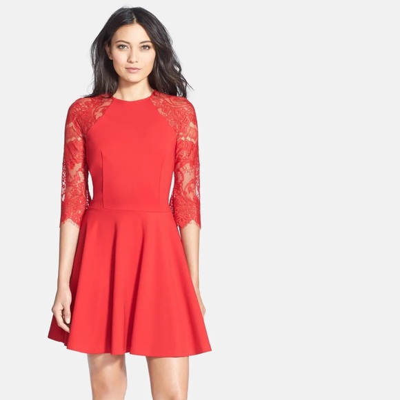 BB Dakota Yale Red Lace Fit and Flare Dress Small - Picture 2 of 8